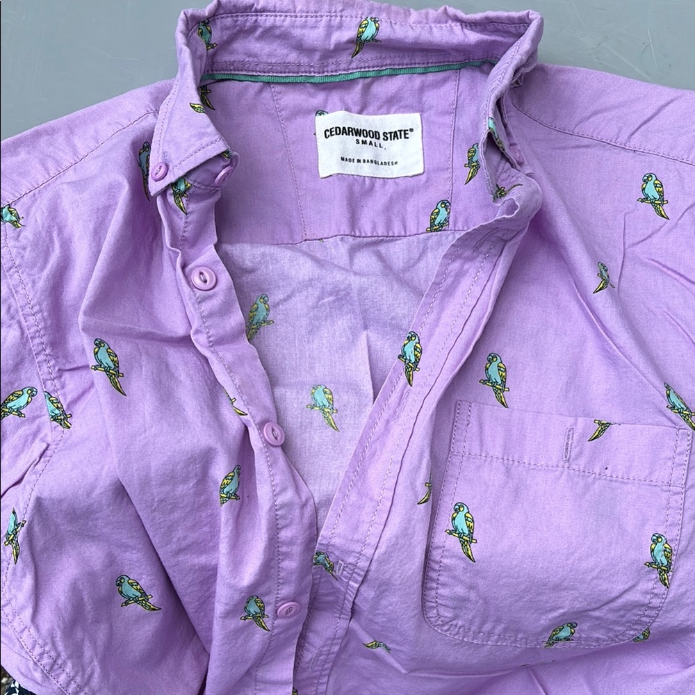 Purple Casual Button Down Shirt with Bird Pattern
